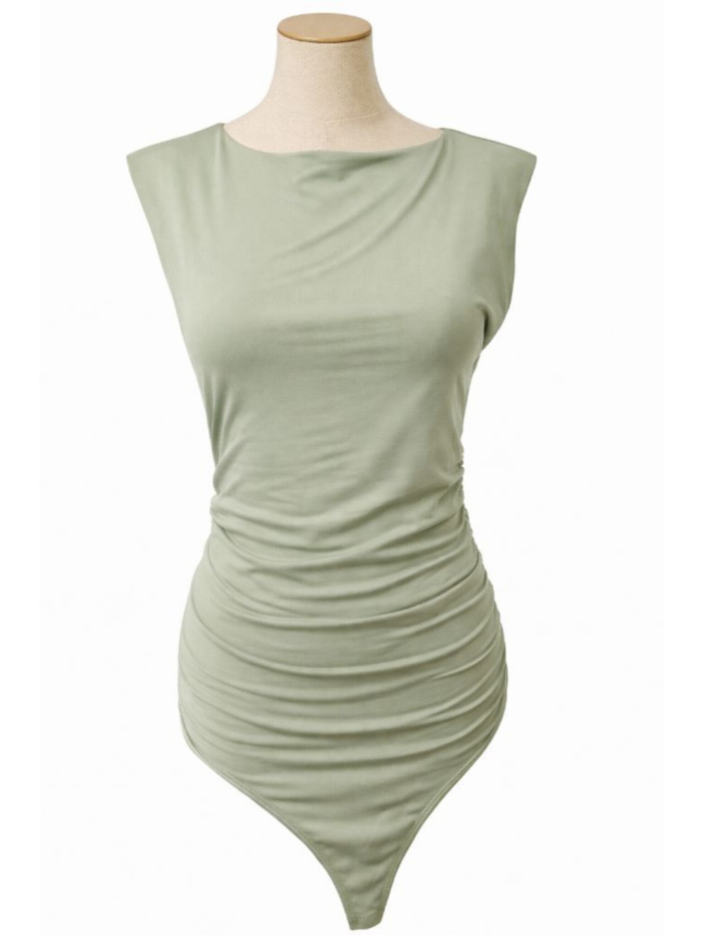 House of Harlow 1960 Sage Green Ruched Bodysuit Boat Neck Stretch Top M